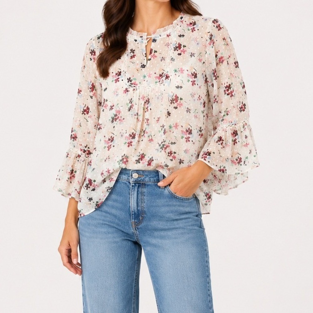 Matilda Jane Floral Bell Sleeve Blouse Womens Small Cream Boho Cottagecore